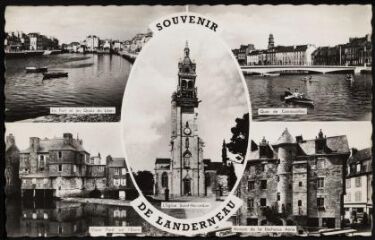 Souvenir de Landerneau avec petites photos de l'église Saint-Houardon, du port, des quais du pont de Rohan et de la Maison de la Sénéchaussée