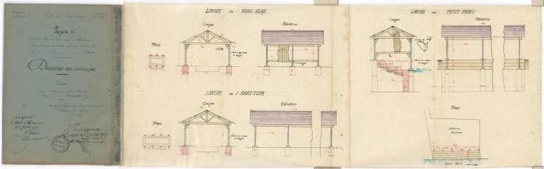 Projets de construction d'un lavoir couvert à Petit Paris et de construction d'une toiture sur les lavoir de Voas-Glas et de l'Abattoir : plan, coupe, élevation
