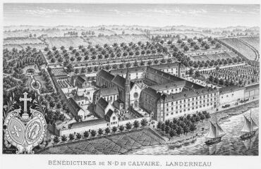 1 vue  - Gravure représentant le couvent des Bénédictines de Notre-Dame du Calvaire, Landerneau (ouvre la visionneuse)