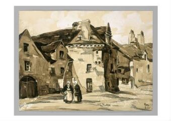 1 vue  - Dessin, Place Toull Kog, deux femmes vêtues du costume breton discutent ; en arrière plan la maison Notre-Dame de Rumengol (ouvre la visionneuse)