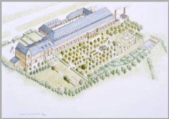 1 vue  - Dessin, Evocation de l\'usine Frimot de Landerneau vers 1825 (ouvre la visionneuse)