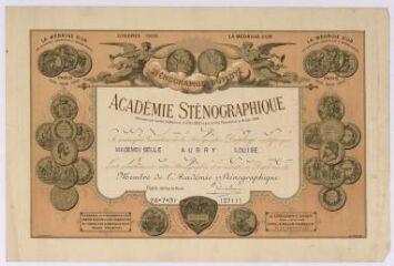 1 vue  - Diplôme Académie sténographique décernée à Louise AUBRY (ouvre la visionneuse)