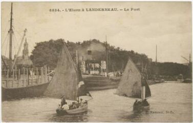 1 vue  - Carte postale représentant des bateaux à vapeur et des voiliers dans le port de Landerneau (ouvre la visionneuse)
