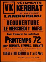 1 vue  - Vêtements Kerbrat – Landivisiau. Réouverture le mercredi 1er mars 1972 (ouvre la visionneuse)