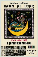1 vue Festival Kann Al Loar.- Affiche 1992 : musicien sur croissant de lune et Pont de Rohan. 15-19 juillet, concert d'ouverture Ar Vro Bagan, programme : the Pogues, Gwerz, Stivell, Manu Lann Huel