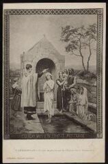 1 vue Landerneau. - Eglise Saint-Houardon, fonds baptismaux, représentation de Saint-Tanguy baptisé dans le pays de 