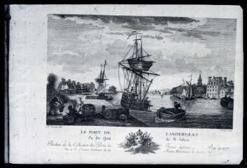 1 vue  - Landerneau.- Gravure du port de Landerneau, les quais, bateaux déchargeant des marchandises et clocher de l\'église St Thomas (ouvre la visionneuse)