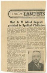 1 vue  - Article de presse, \'Mort de M. Alfred Despretz, président du Syndicat d\'initiative\' (ouvre la visionneuse)